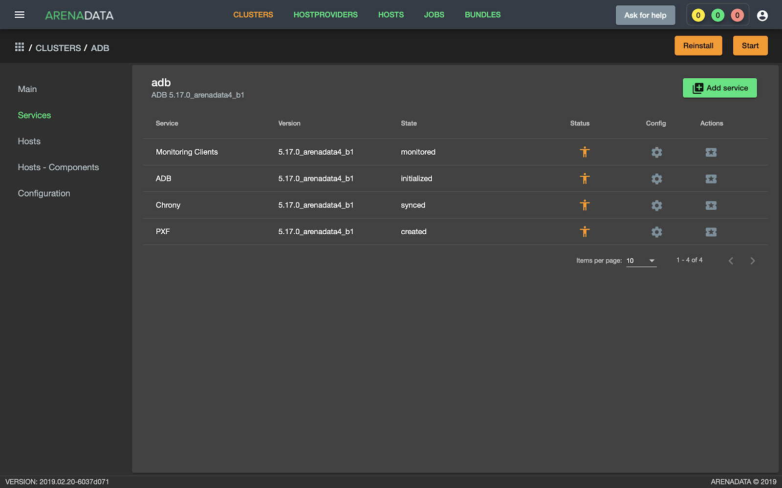 Запуск кластера ADB через графический пользовательский интерфейс Менеджера кластера ADCM