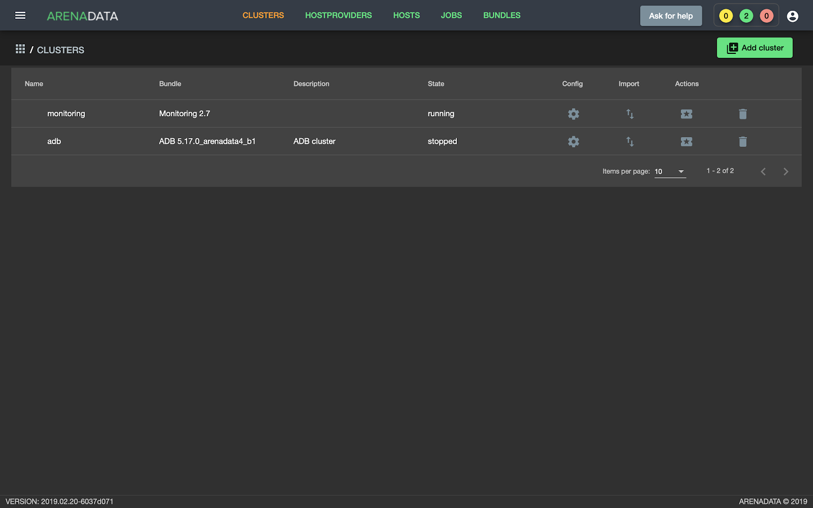 Отображение через графический пользовательский интерфейс Менеджера кластера ADCM статусов остановленного кластера ADB