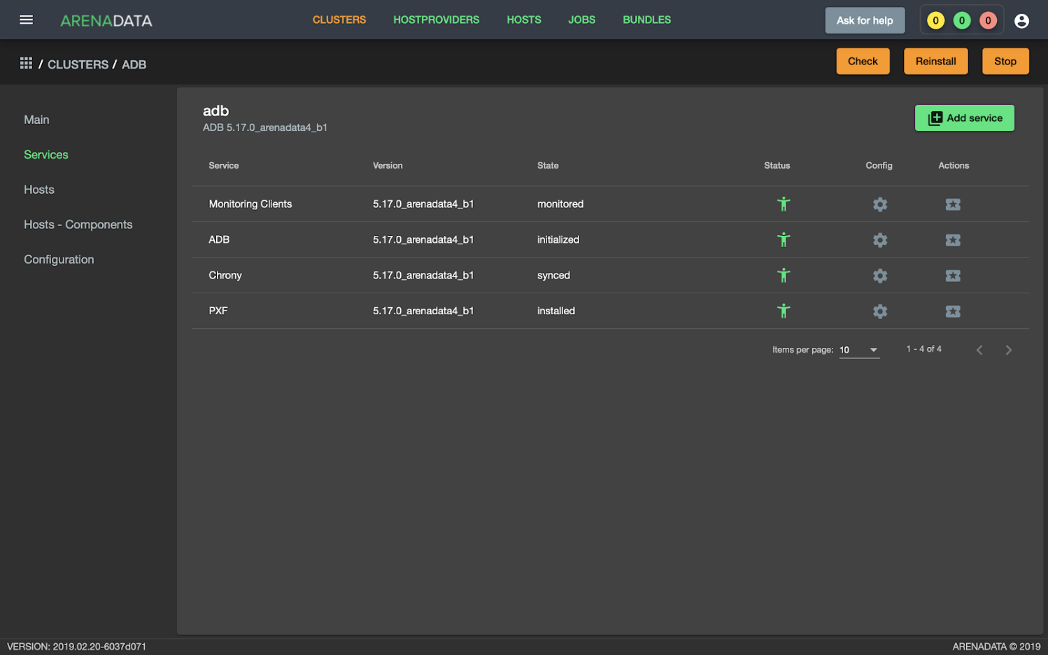 Запуск проверки состояния кластера ADB через графический пользовательский интерфейс Менеджера кластера ADCM