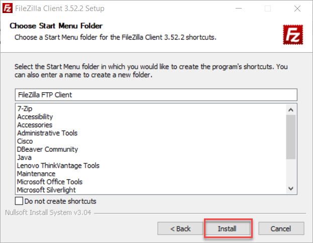 Выбор папки в меню «Пуск»