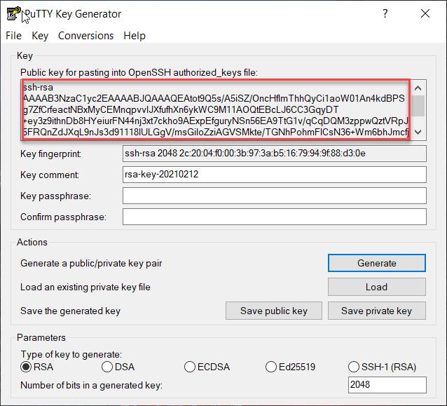 Окно с информацией о ssh-ключах