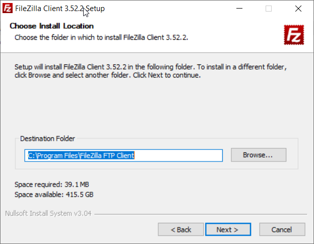 Выбор папки установки FileZilla