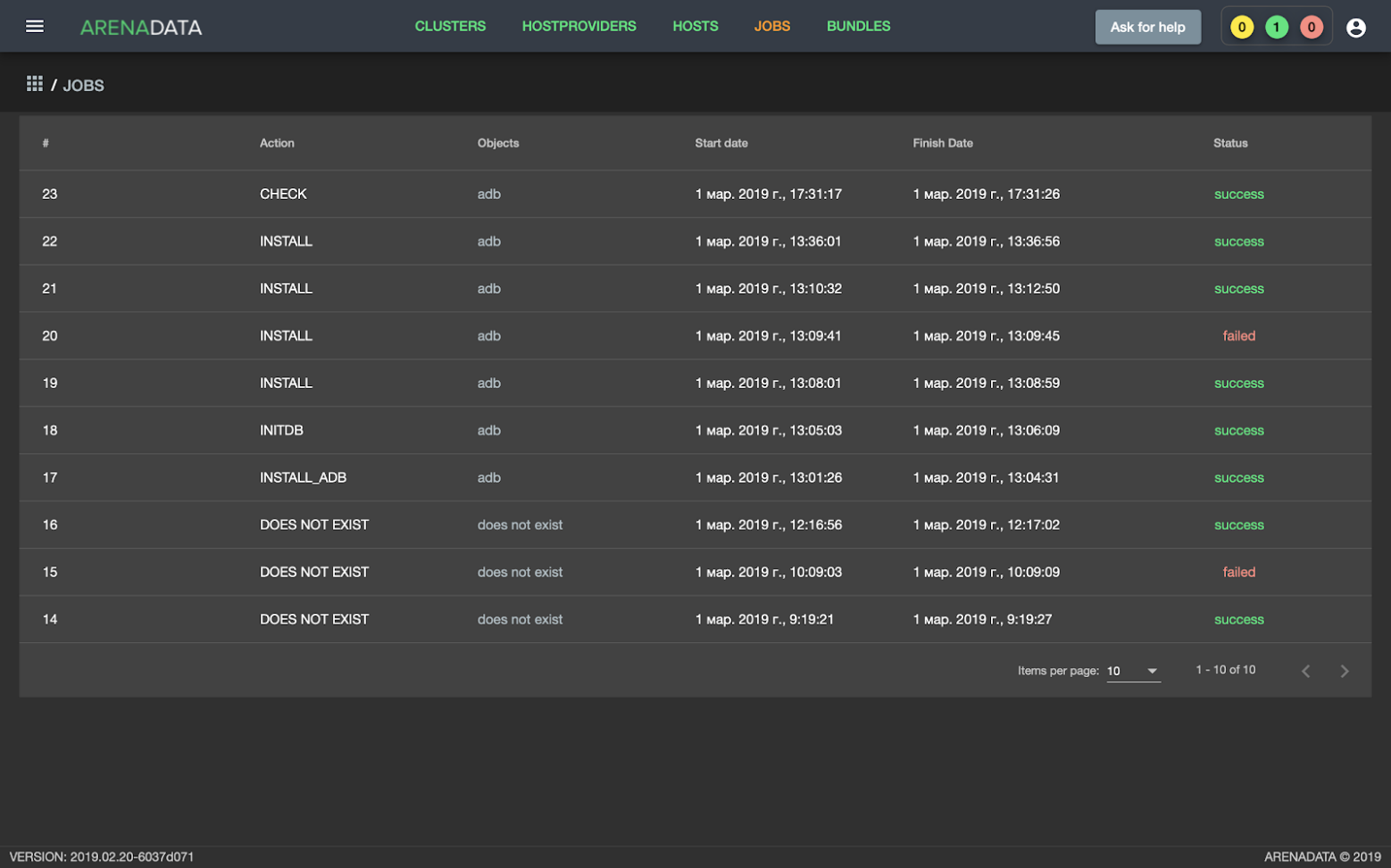 Отображение в графическом пользовательском интерфейсе Менеджера кластера ADCM вкладки Jobs со статусами задач, исполненных кластером ADB