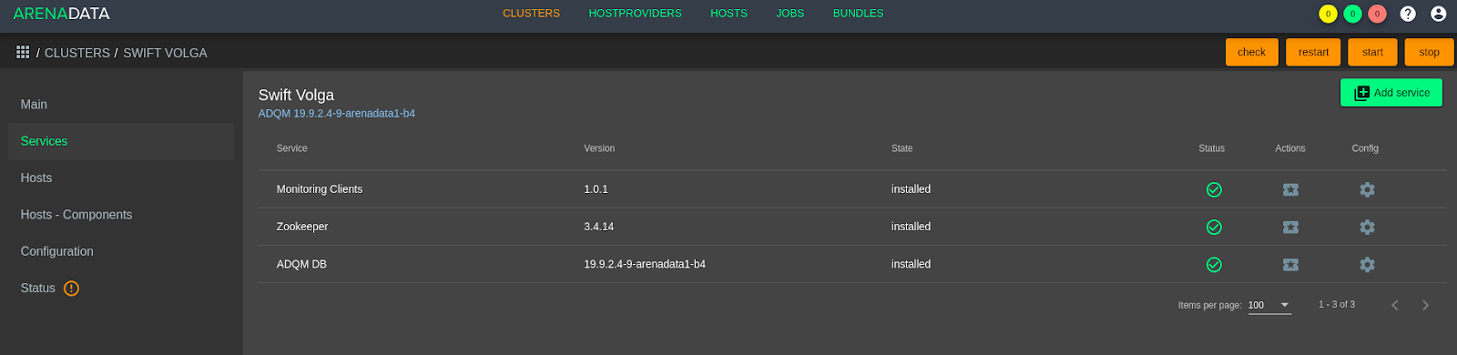 Программные кнопки запуска и остановки кластера ADQM в графическом пользовательском интерфейсе Менеджера кластера ADCM
