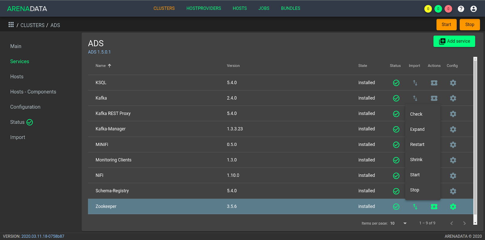 Запуск сервиса Zookeeper ПО ADS из меню доступных операций в графическом пользовательском интерфейсе Менеджера кластера ADCM
