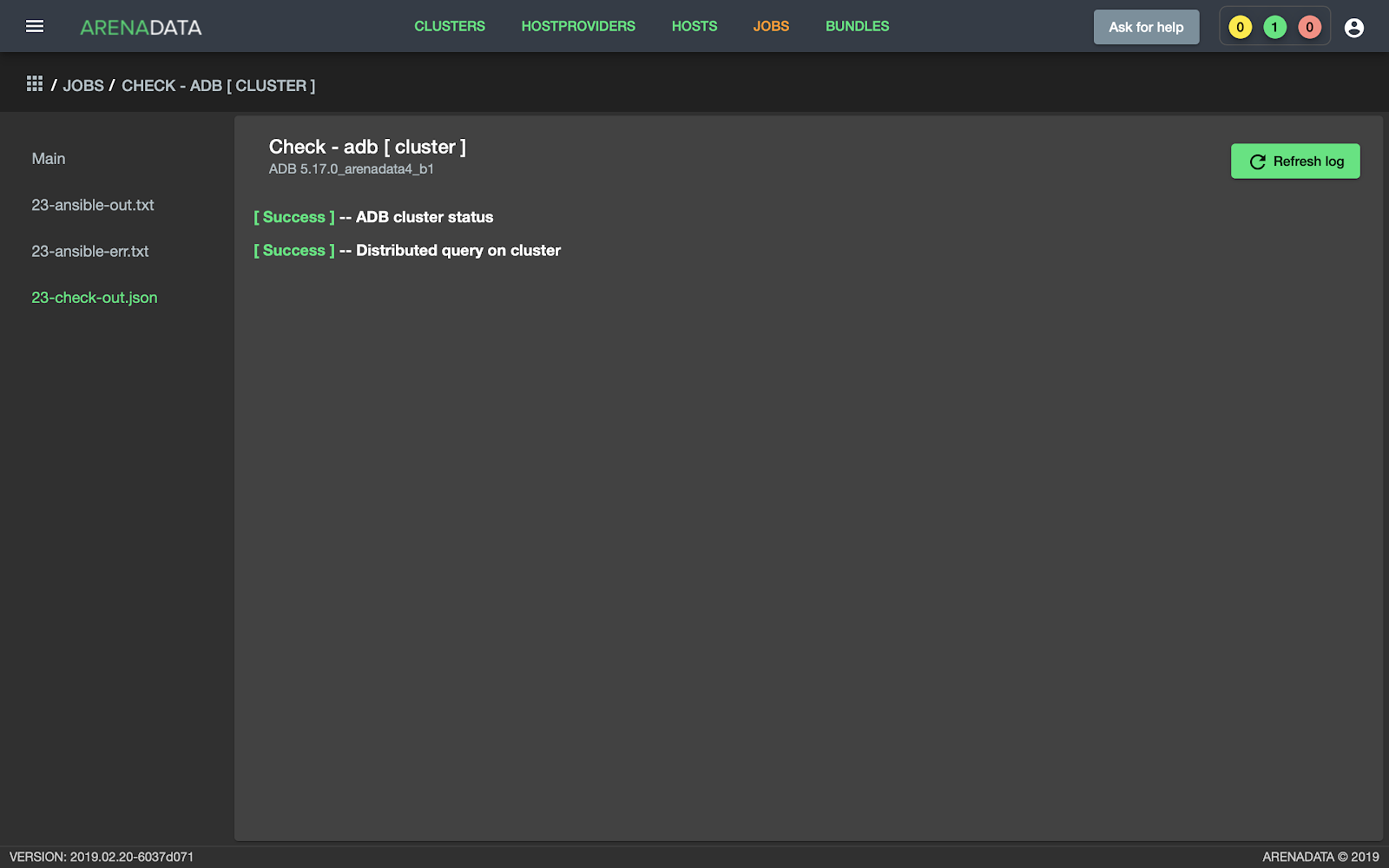 Отображение в графическом пользовательском интерфейсе Менеджера кластера ADCM статуса проверки кластера ADB