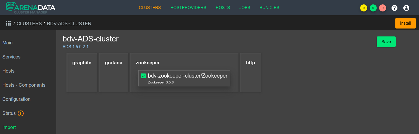 Выбор через графический интерфейс ADCM кластера *Zookeeper* для импорта