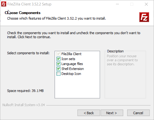 Выбор компонентов программы FileZilla для установки
