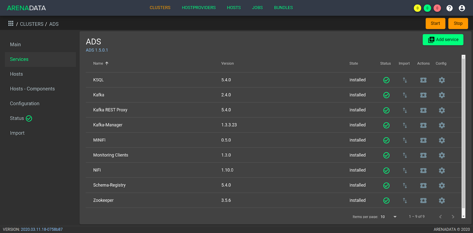 Программные кнопки запуска и остановки диспетчера сообщений ADS в графическом пользовательском интерфейсе Менеджера кластера ADCM