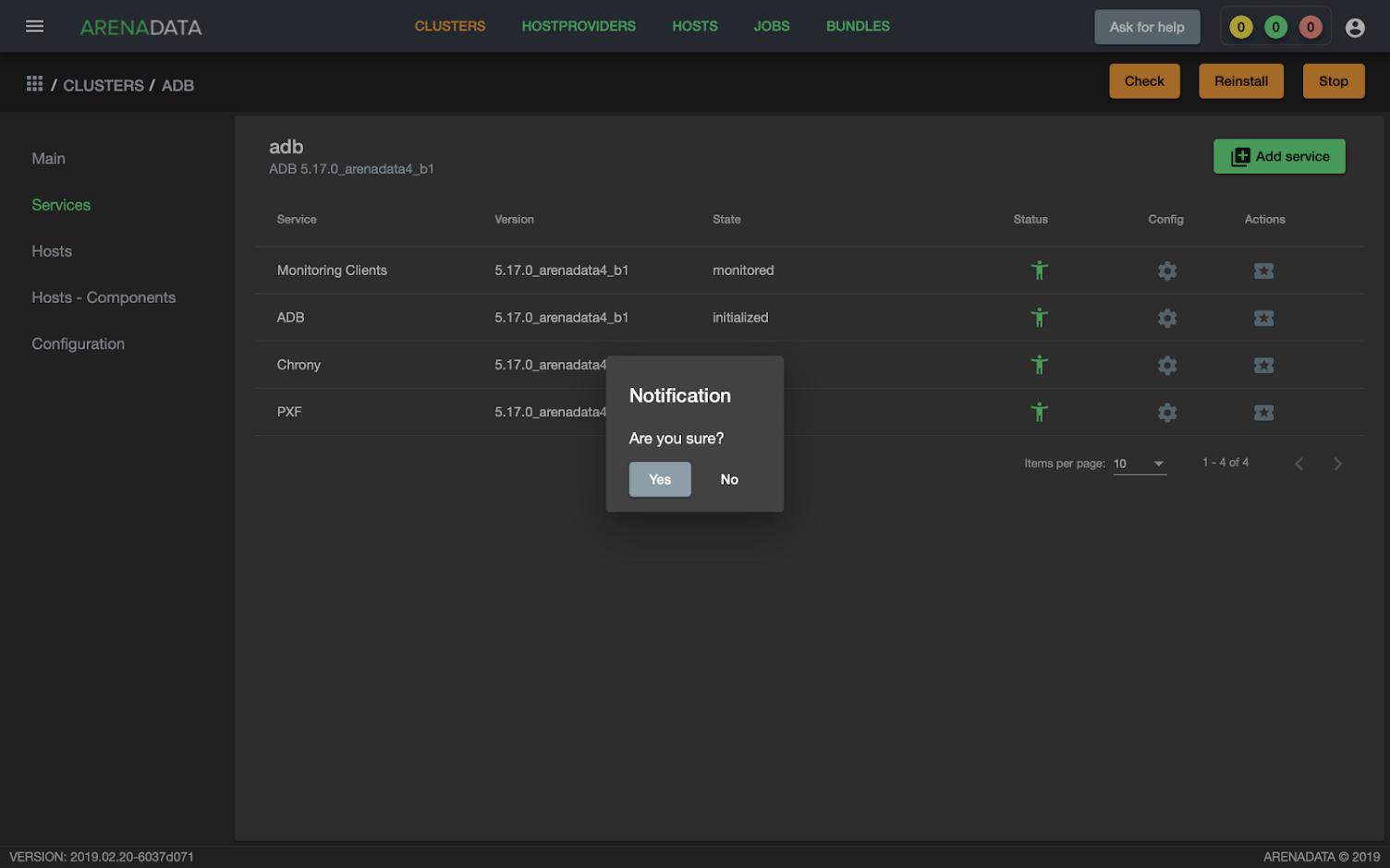 Подтверждение в открывшемся диалоговом окне графического пользовательского интерфейса Менеджера кластера ADCM запуска проверки кластера ADB