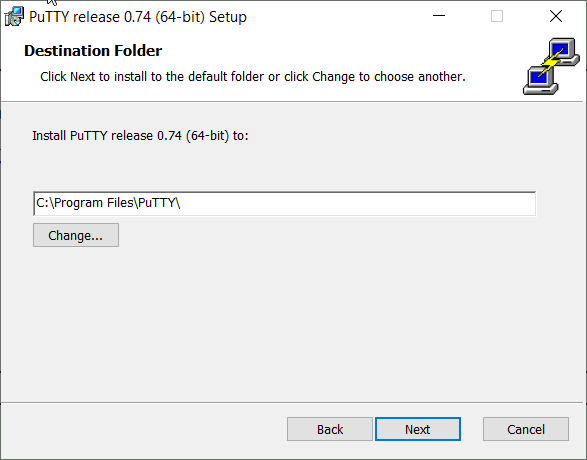 Выбор папки установки программы PuTTY