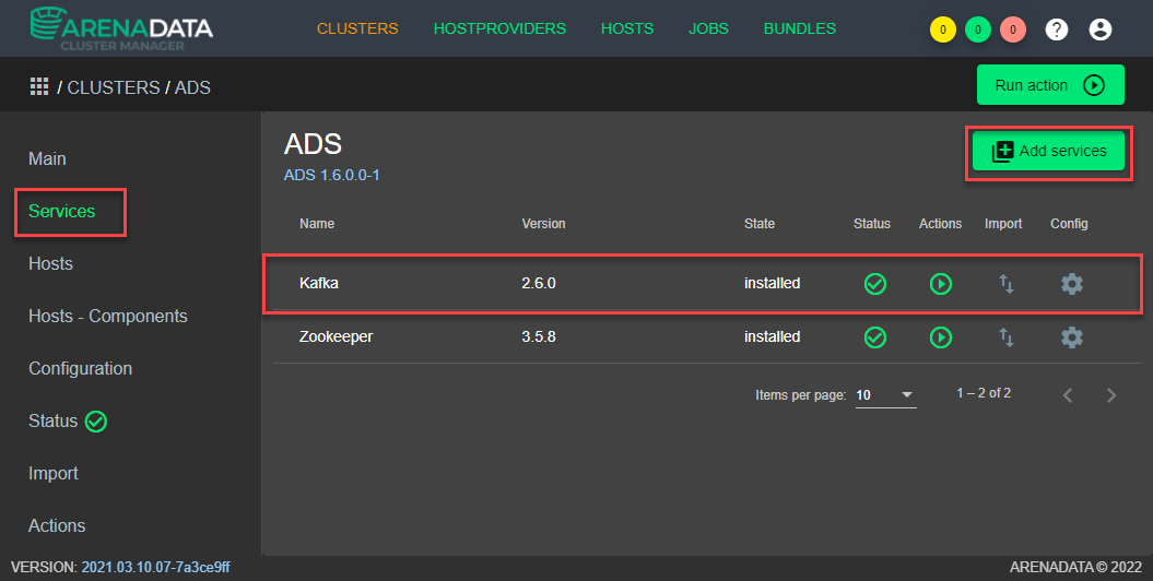 Добавление через графический интерфейс ADCM сервисов в созданный кластер