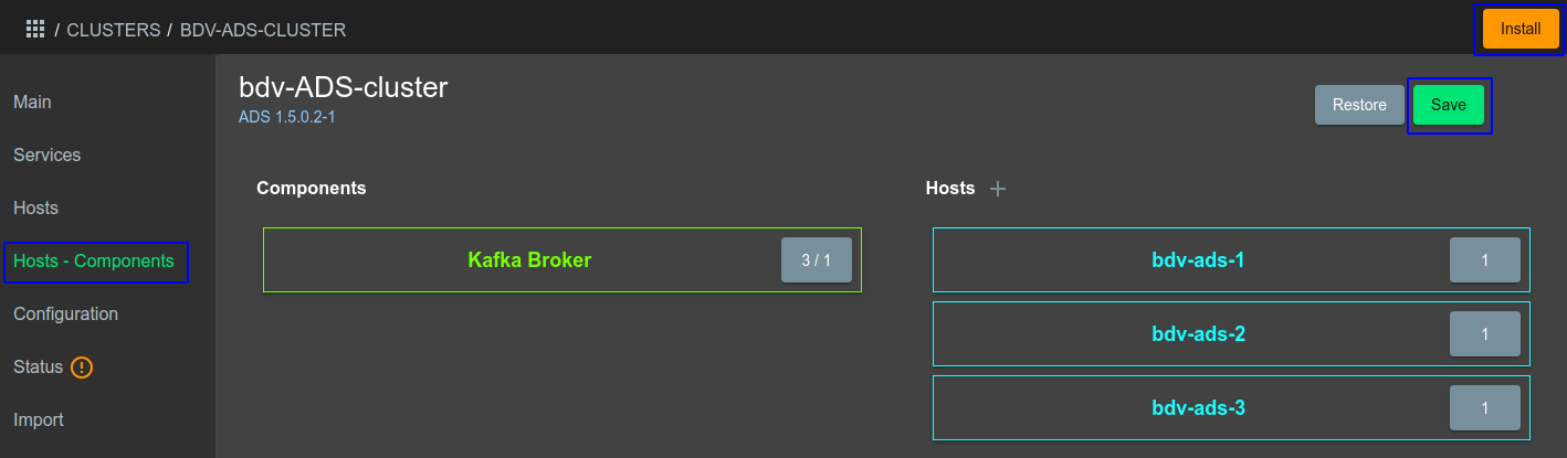 Выбор через графический интерфейс ADCM узлов Kafka