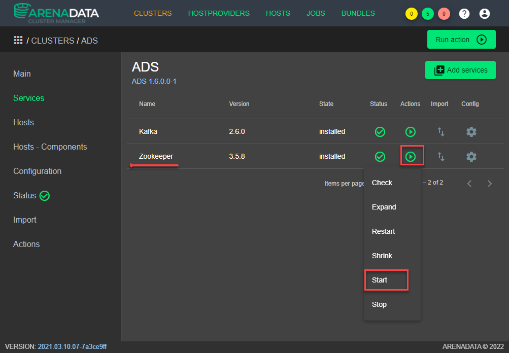 Запуск сервиса Zookeeper через ADCM