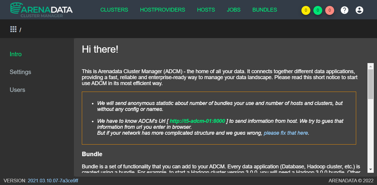 Главное окно программы "Arenadata Cluster Manager"