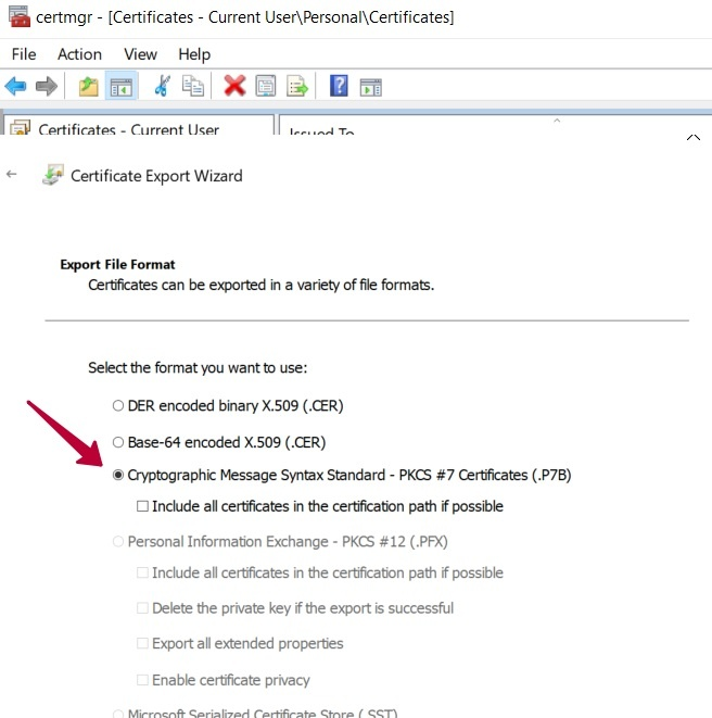 Выбор формата PKCS#7 (*.p7b) в certmgr